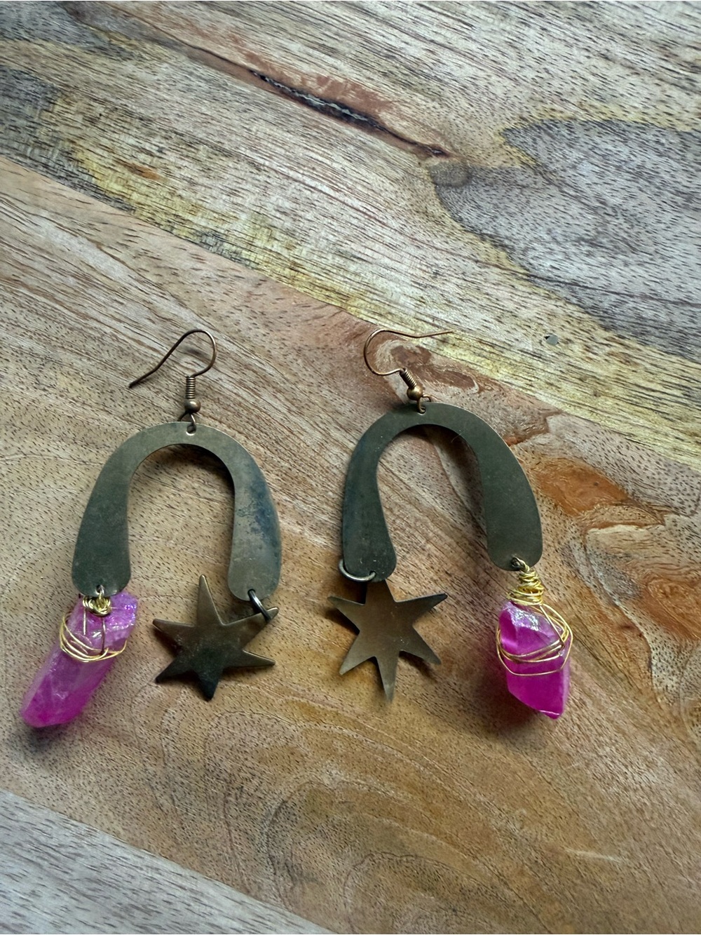 Handmade Brass Star Earrings with Pink Crystal